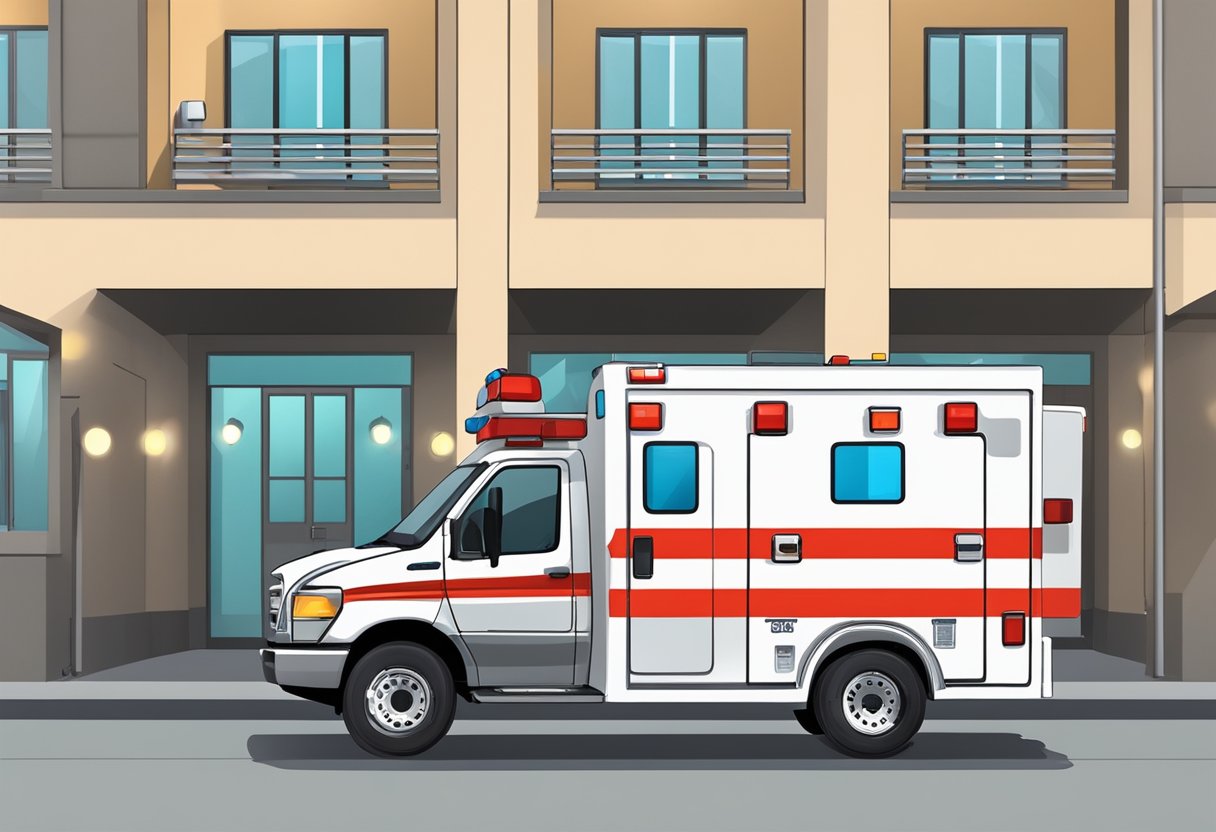 Uma ambulância particular estacionada do lado de fora de um prédio, com as luzes piscando e as portas traseiras abertas, pronta para a transferência de um paciente.
