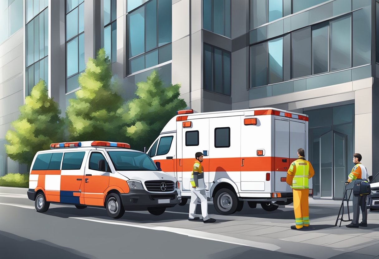 Uma ambulância particular estacionada do lado de fora de um prédio, com paramédicos assistindo a um paciente em uma maca.