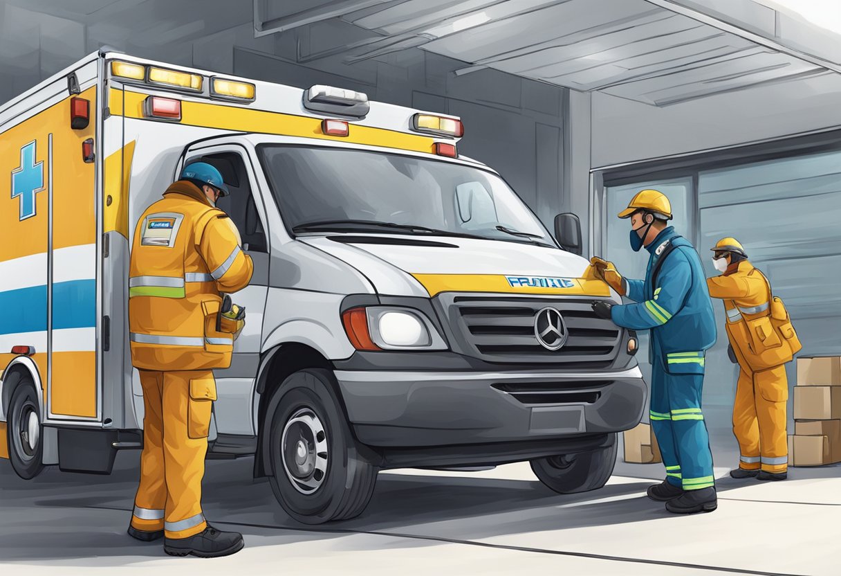 Uma equipe de ambulância privada carregando equipamentos em seu veículo