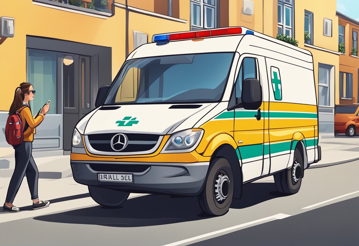Uma pessoa ligando para um serviço de ambulância particular em uma tarde ensolarada