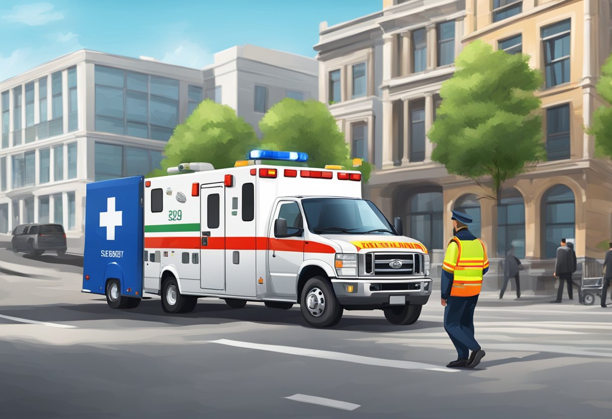 Uma ambulância particular sendo rebocada por um veículo de segurança em conformidade com a legislação