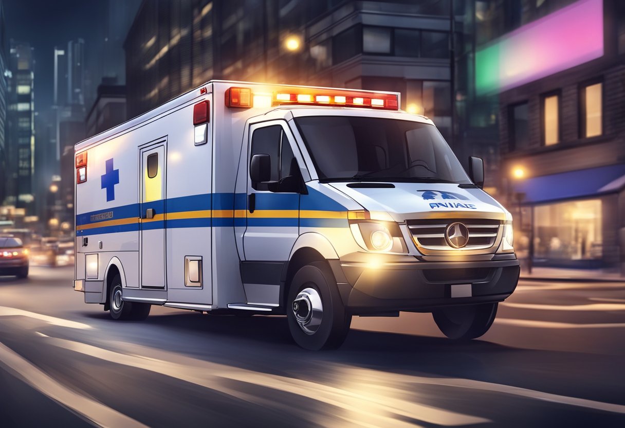 Ambulância Particular 24 Horas: Serviços de Emergência Imediata 1 Uma ambulância particular correndo pelas ruas da cidade à noite, com suas luzes piscando e a sirene soando, fornecendo um serviço de emergência médica crucial 24 horas.