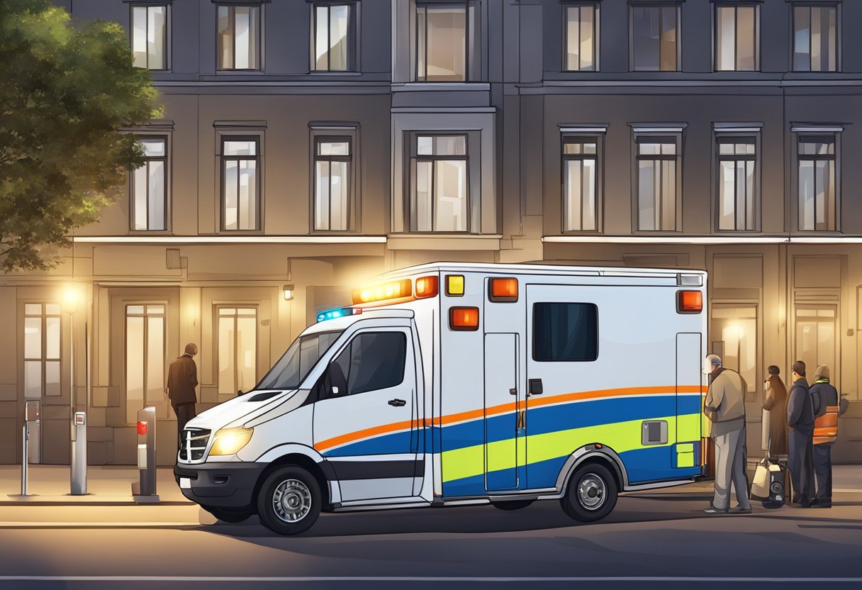 Ambulância Particular 24 Horas: Serviços de Emergência Imediata 2 Uma ambulância particular estacionada do lado de fora de um prédio, com suas luzes piscando e os paramédicos dentro preparando equipamentos médicos.