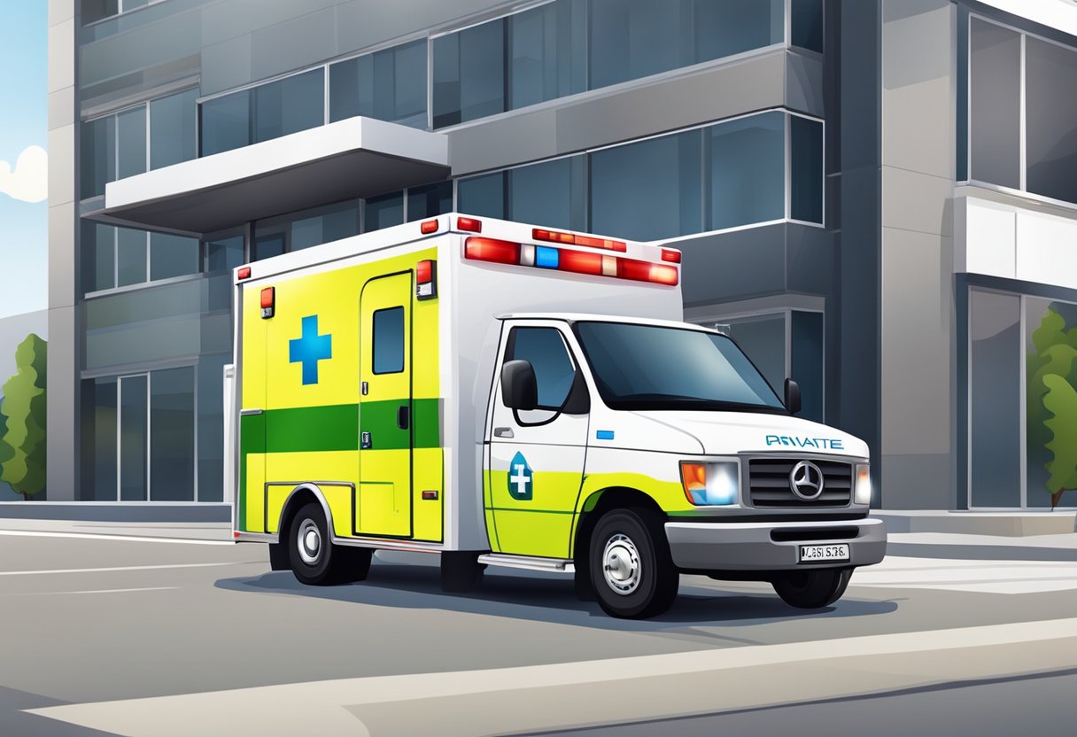 Ambulância Particular 24 Horas: Serviços de Emergência Imediata 6 Uma ambulância particular estacionada do lado de fora de um prédio com uma placa de 24 horas, pronta para transporte de emergência.