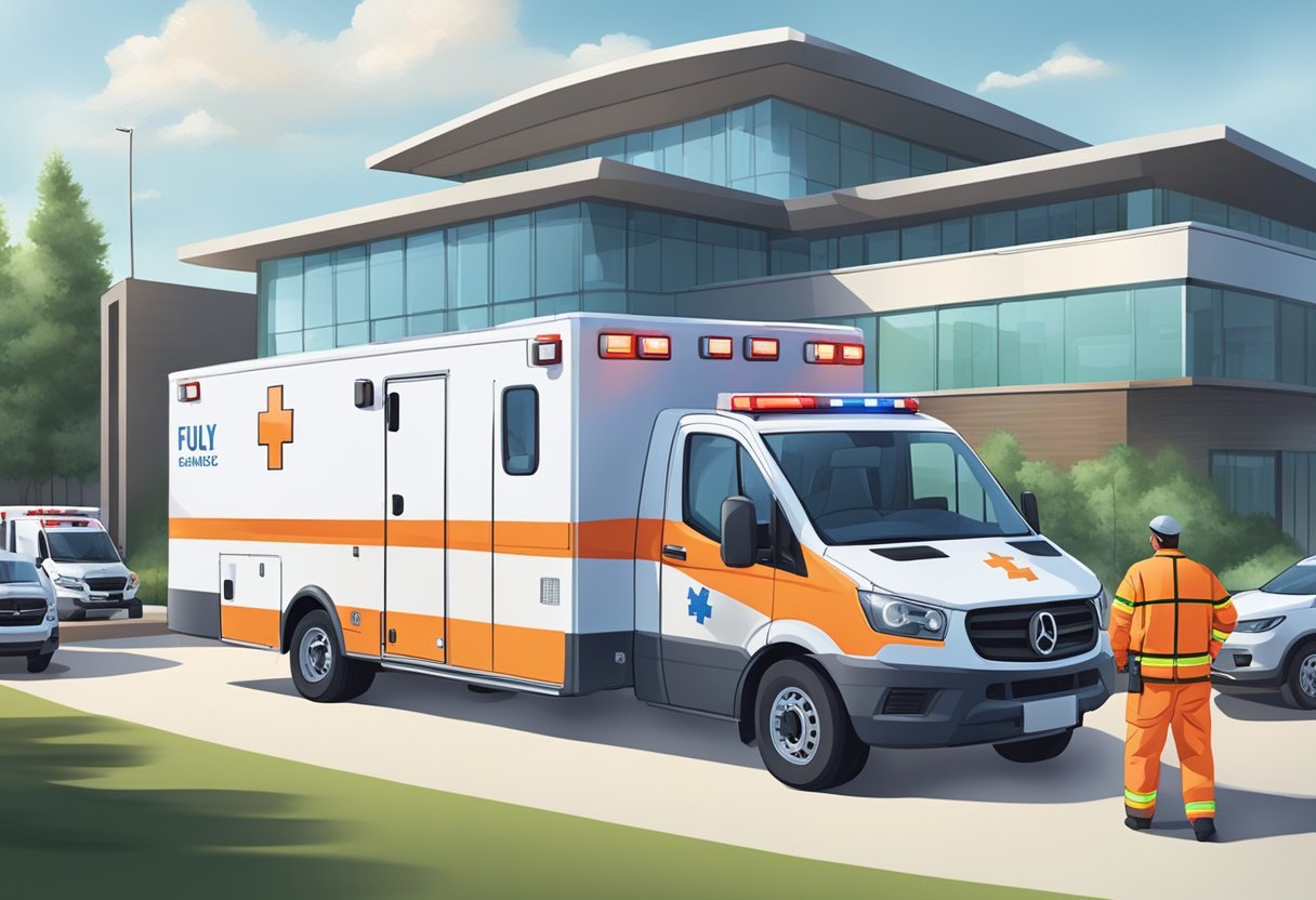 Aluguel de Ambulância Mensal: Solução Eficiente para Empresas de Saúde 1 Uma ambulância totalmente equipada estacionada do lado de fora de uma instalação médica, com paramédicos carregando suprimentos e equipamentos médicos no veículo.