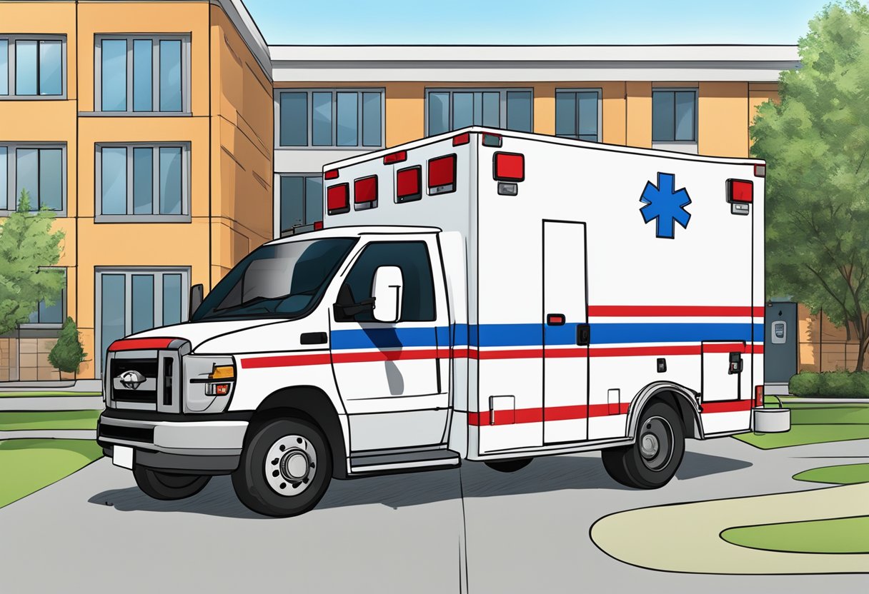 Aluguel de Ambulância Mensal: Solução Eficiente para Empresas de Saúde 2 Uma ambulância estacionada do lado de fora de uma unidade médica, com suas luzes piscando e as portas traseiras abertas, pronta para um aluguel mensal.