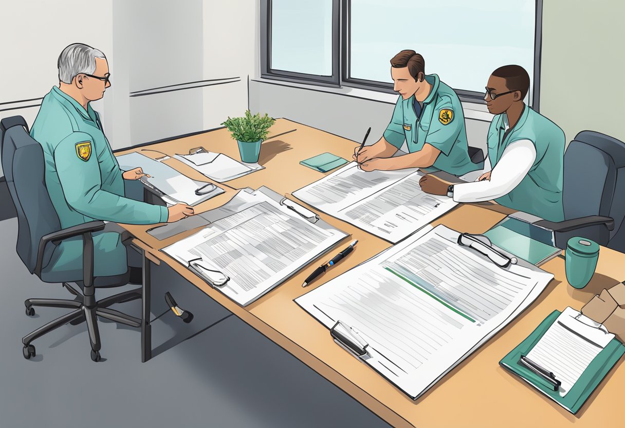 Aluguel de Ambulância Mensal: Solução Eficiente para Empresas de Saúde 4 Um contrato de aluguel mensal de ambulância sendo assinado por duas pessoas em uma mesa em um consultório médico, com papéis e uma caneta na mesa.