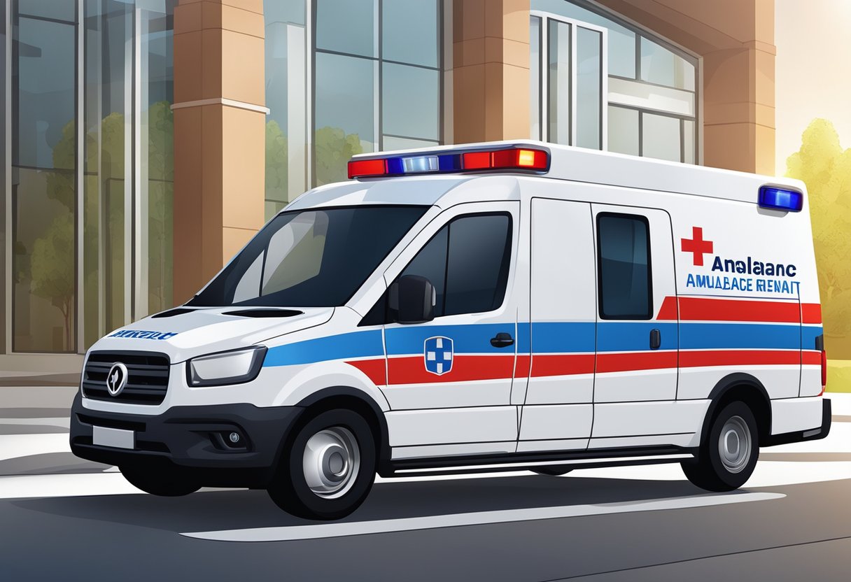 Aluguel de Ambulância Mensal: Solução Eficiente para Empresas de Saúde 5 Um logotipo de serviço de aluguel de ambulância mensal em um veículo branco com luzes de emergência vermelhas e azuis estacionado do lado de fora de um hospital