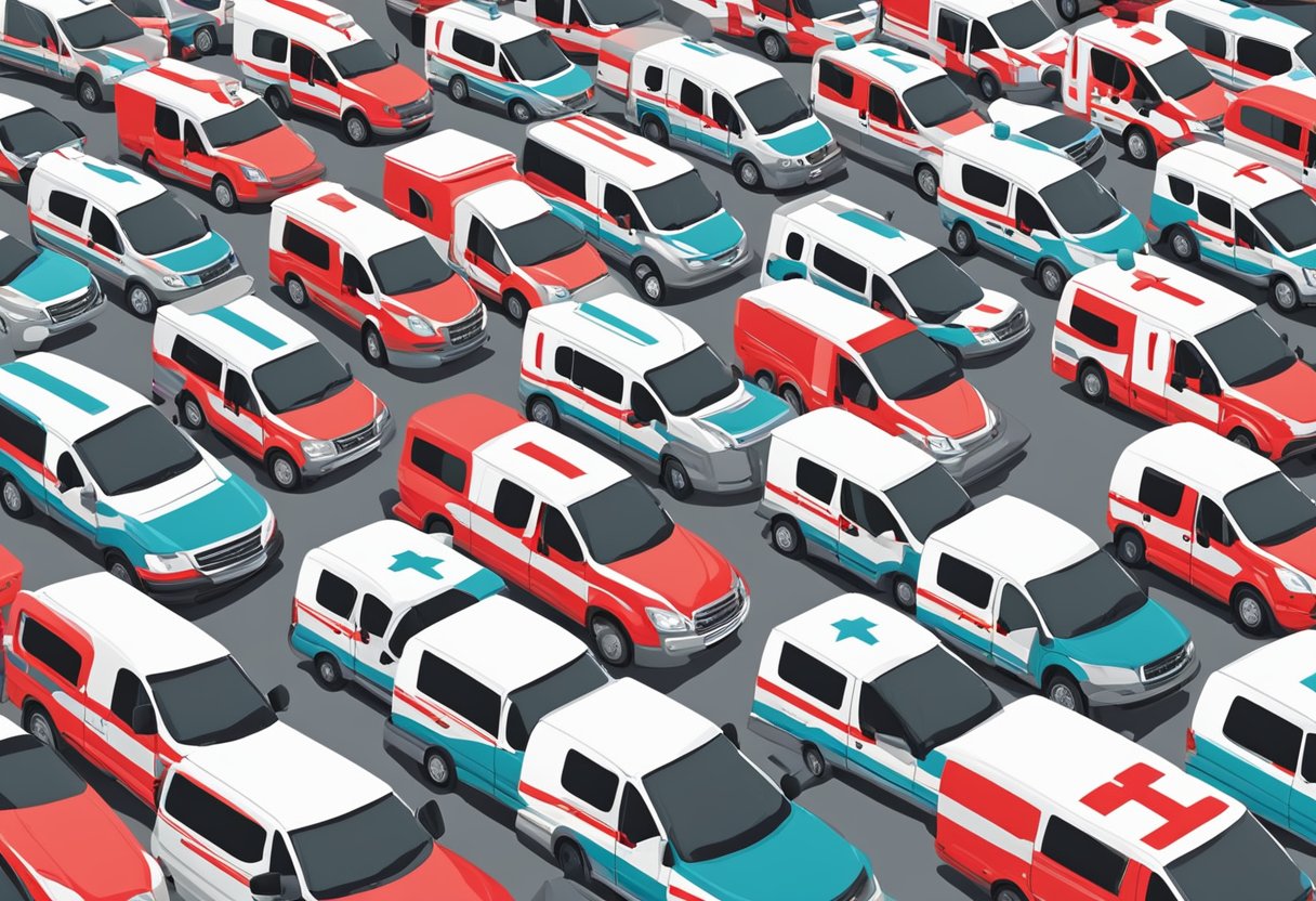 Aluguel de Ambulância Mensal: Solução Eficiente para Empresas de Saúde 7 Uma frota de ambulâncias estacionadas ordenadamente em uma fila, prontas para aluguel mensal. Cada veículo está limpo e bem conservado, com marcas vermelhas e brancas brilhantes.