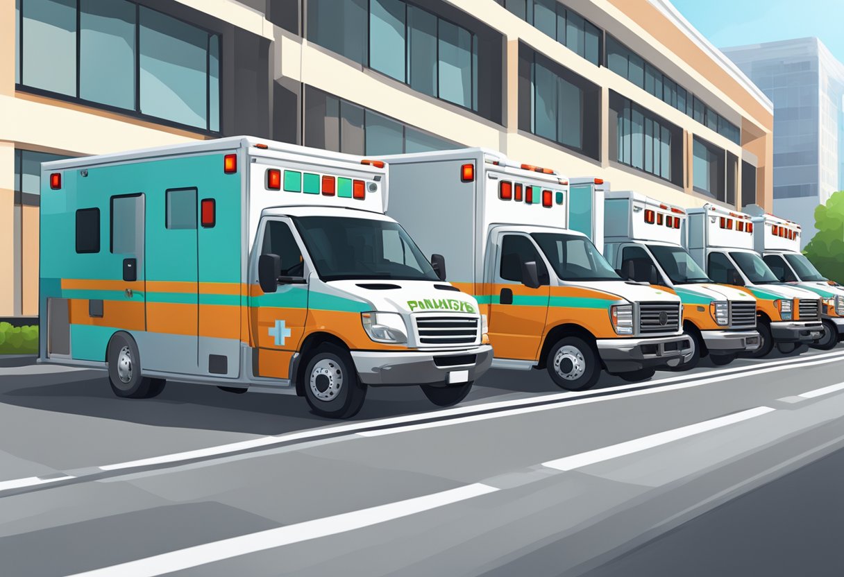 Uma fila de ambulâncias estacionadas do lado de fora de um hospital, com luzes piscando e equipamentos médicos visíveis através das janelas.