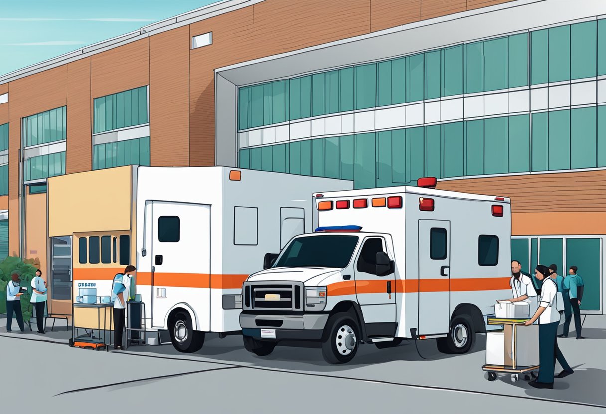 Uma ambulância estacionada do lado de fora de um hospital com a equipe médica carregando suprimentos nela.