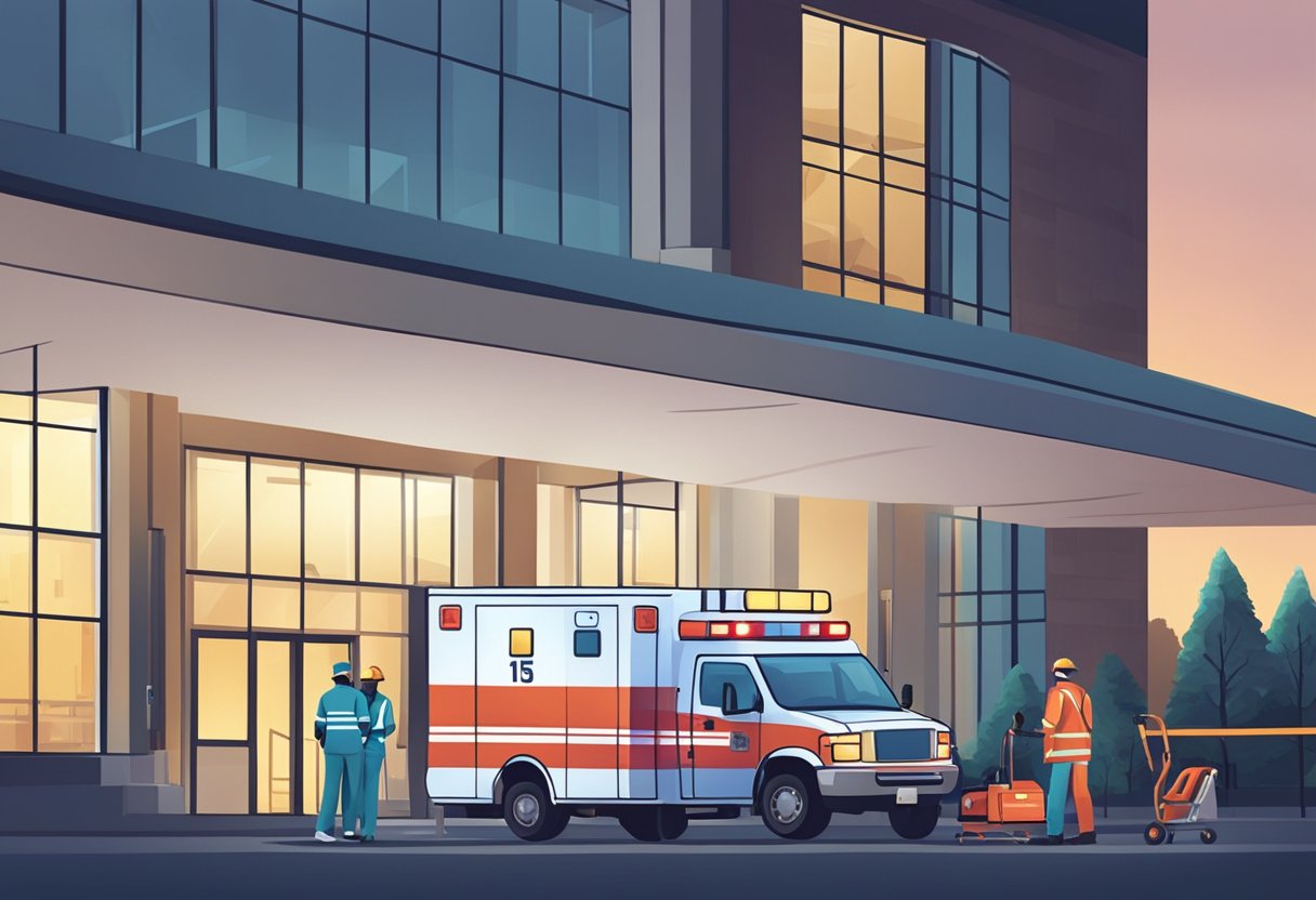 Uma ambulância estacionada do lado de fora de um hospital, com suas luzes piscando e paramédicos atendendo a um paciente em uma maca.