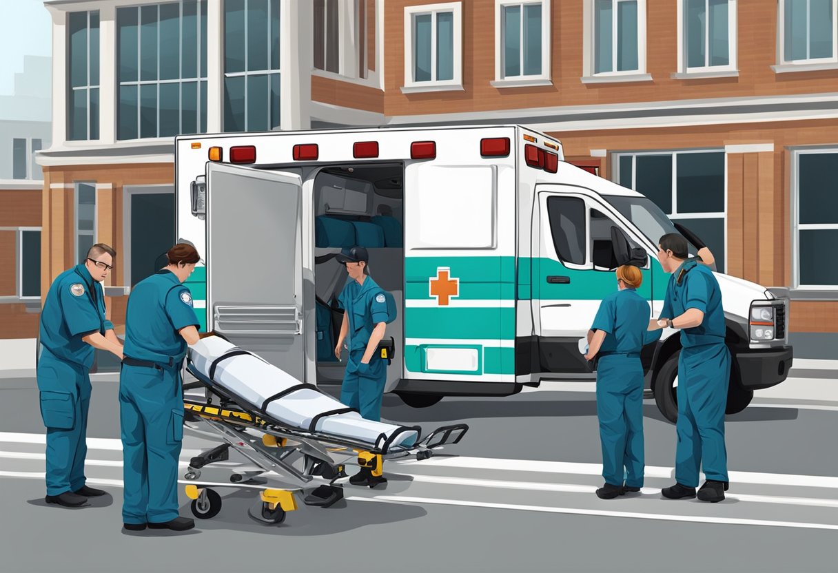Uma equipe de paramédicos carregando equipamentos médicos em uma ambulância
