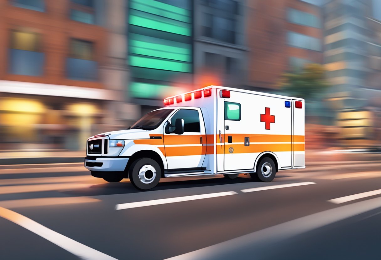 Uma ambulância acelerando pelas ruas da cidade com luzes piscando e sirenes