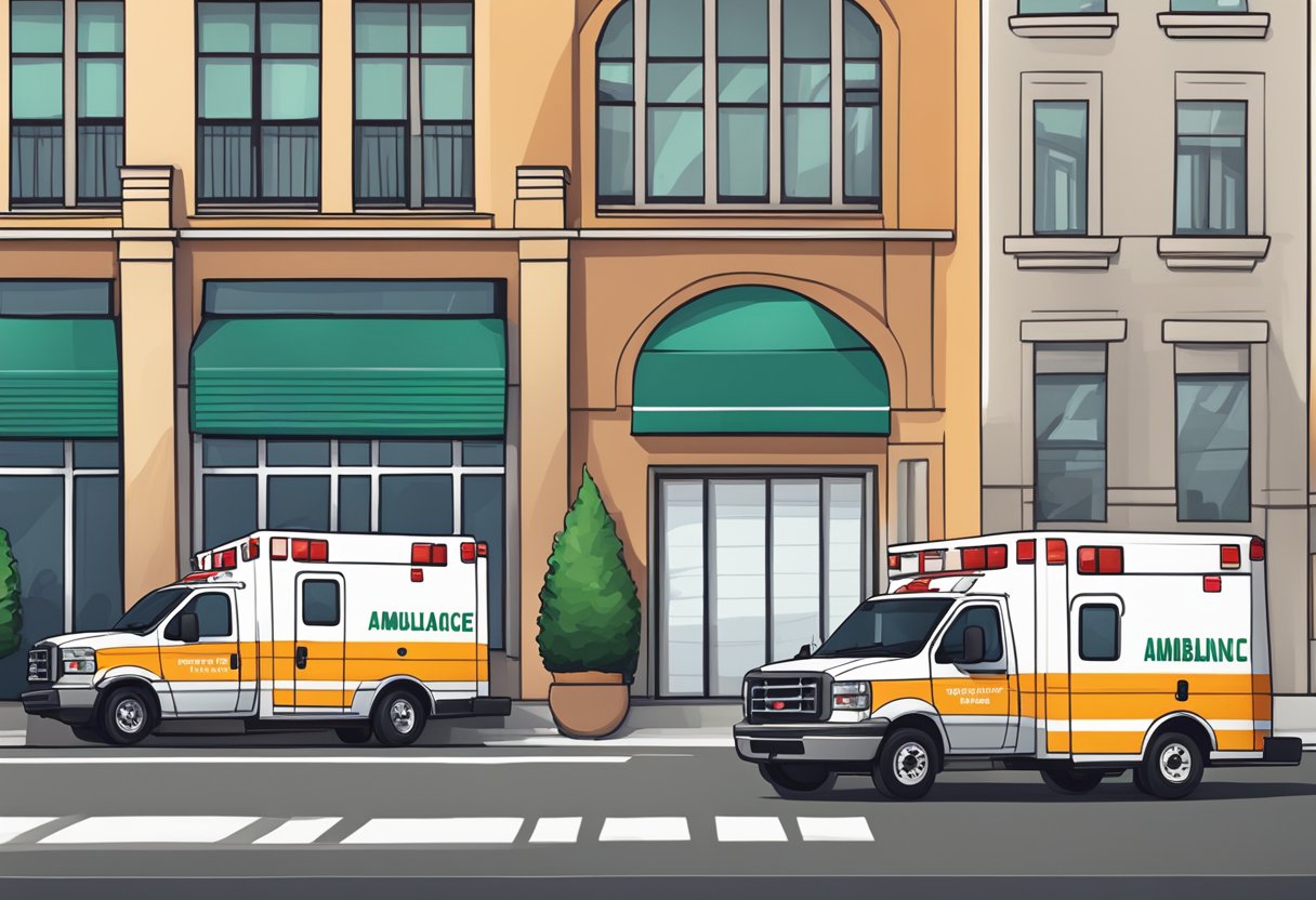 Uma ambulância estacionada do lado de fora de um escritório de aluguel, com um preço exibido de forma proeminente.