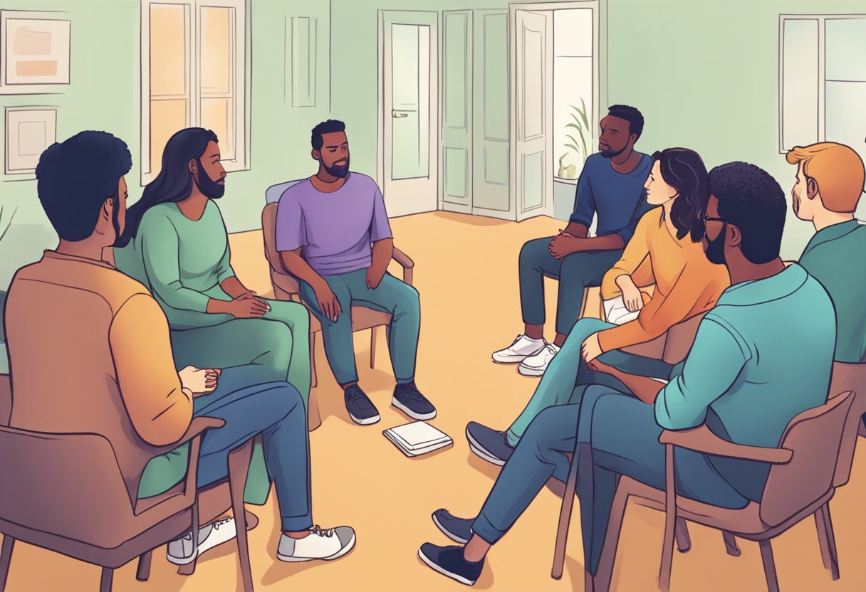 Resgate para Dependentes Químicos: Abordagens Eficazes e Apoio Essencial 1 Uma sessão de terapia em grupo para dependentes em recuperação, com indivíduos compartilhando suas experiências e recebendo apoio uns dos outros.