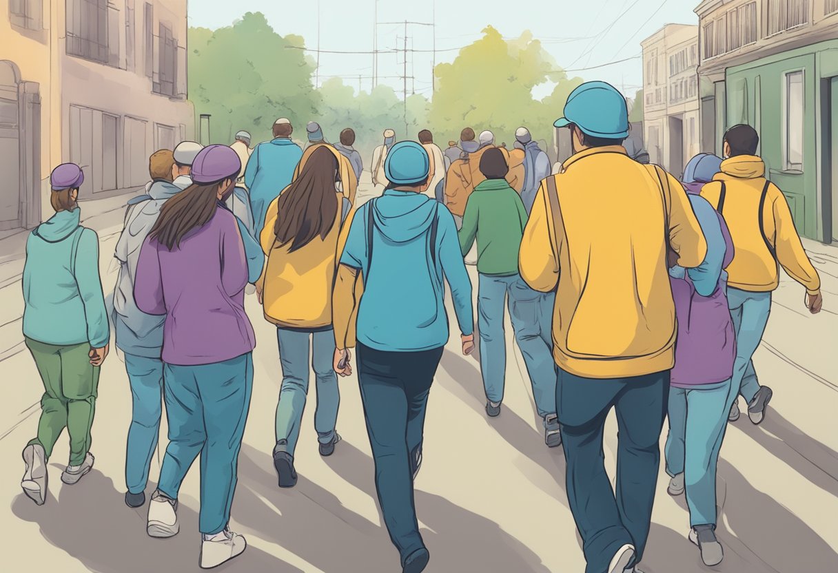 Resgate para Dependentes Químicos: Abordagens Eficazes e Apoio Essencial 2 Um grupo de pessoas guiando um indivíduo desorientado em direção a um ambiente seguro e de apoio para a recuperação da dependência química.