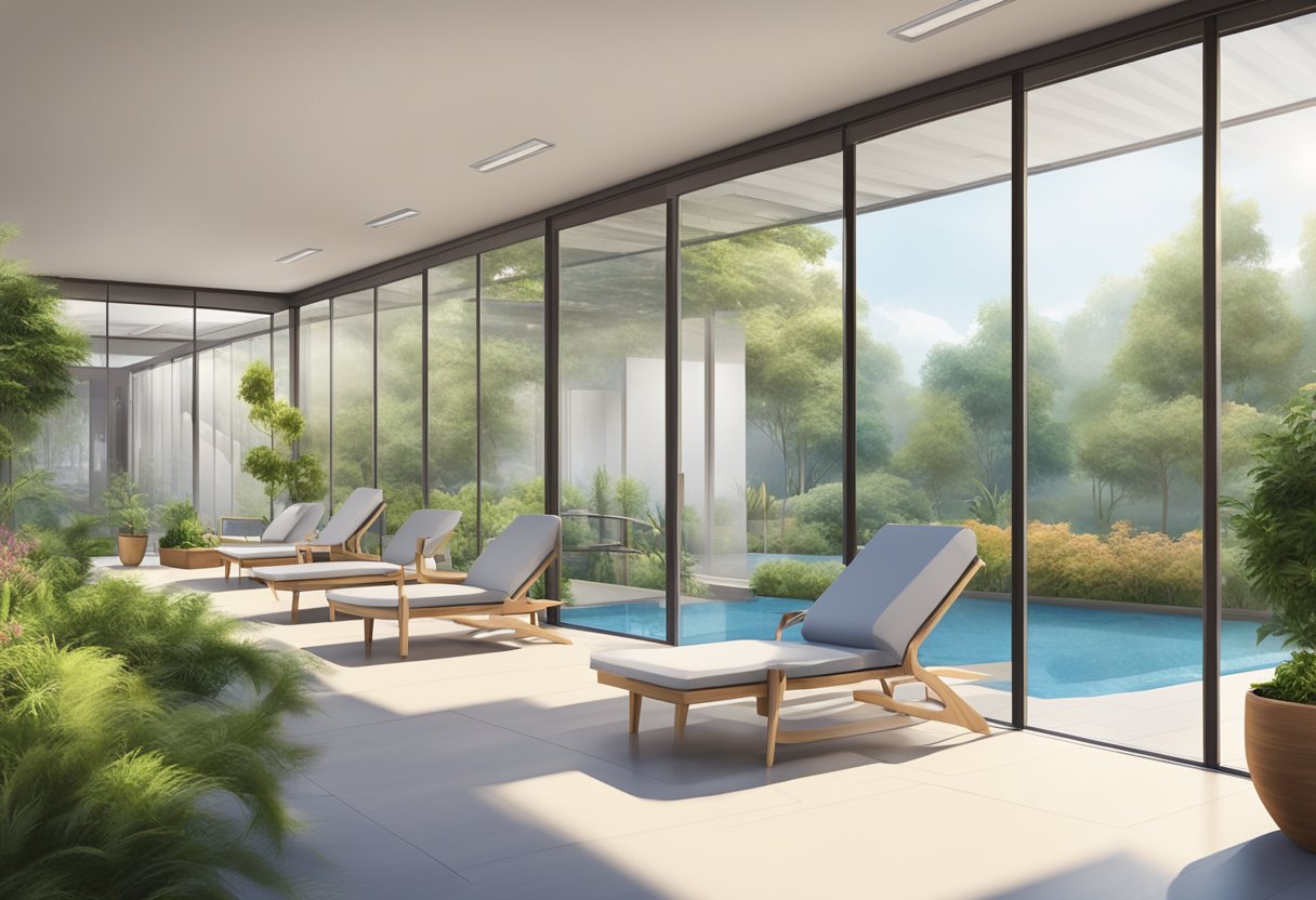 Resgate para Dependentes Químicos: Abordagens Eficazes e Apoio Essencial 5 Uma clínica de reabilitação serena e acolhedora, com instalações modernas e um jardim externo tranquilo para relaxamento e reflexão.