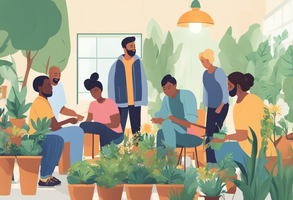 Resgate para Dependentes Químicos: Abordagens Eficazes e Apoio Essencial 7 Um grupo de pessoas participando de atividades sociais, como jardinagem ou terapia em grupo, para apoiar a reintegração de indivíduos em recuperação de abuso de substâncias.