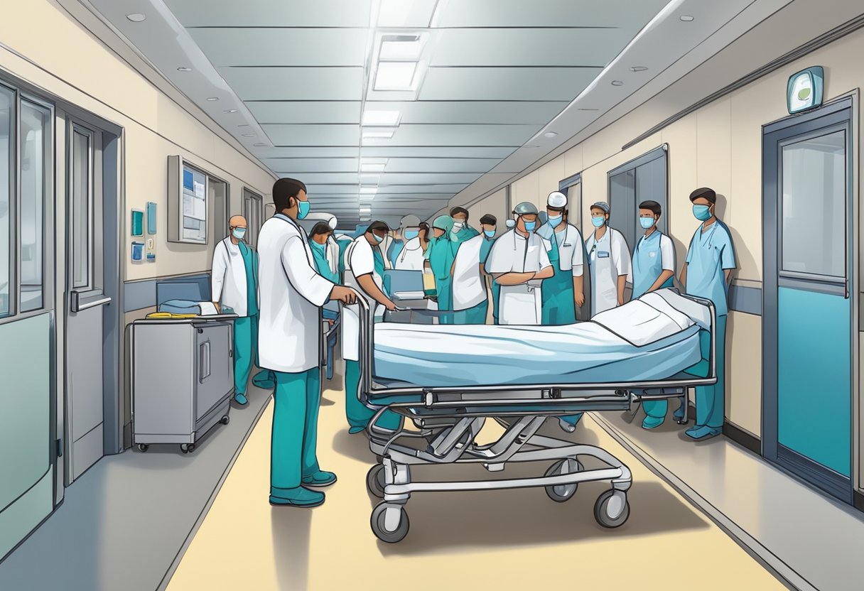 Uma cama de hospital sendo cuidadosamente transportada por um corredor movimentado por uma equipe médica, com equipamentos e suprimentos organizados ao redor do paciente.
