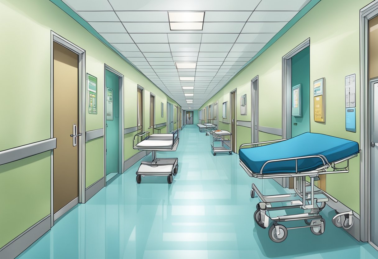 Um corredor de hospital com equipe médica e equipamentos em movimento