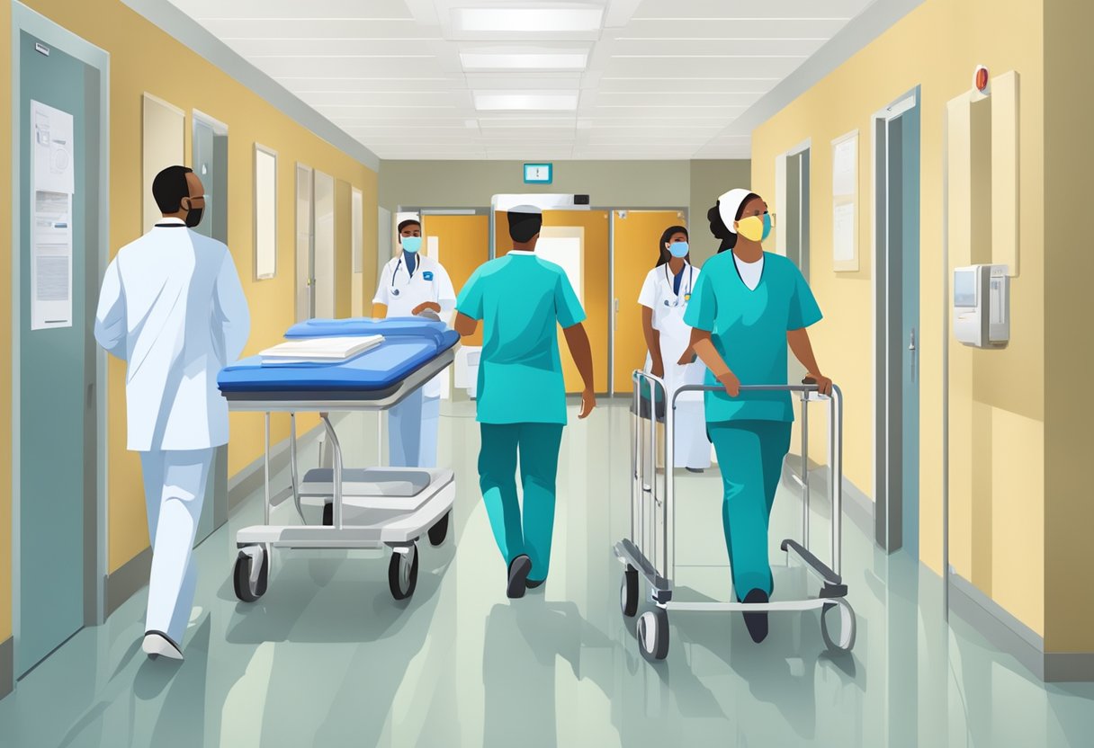 Um corredor de hospital com uma equipe de profissionais de saúde transportando prontuários médicos e equipamentos