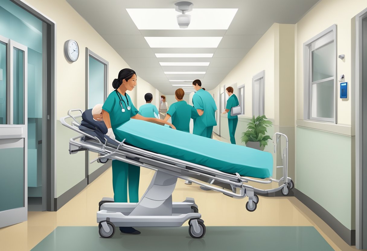 Um paciente sendo transportado em uma maca hospitalar com equipamentos médicos e equipe em um corredor