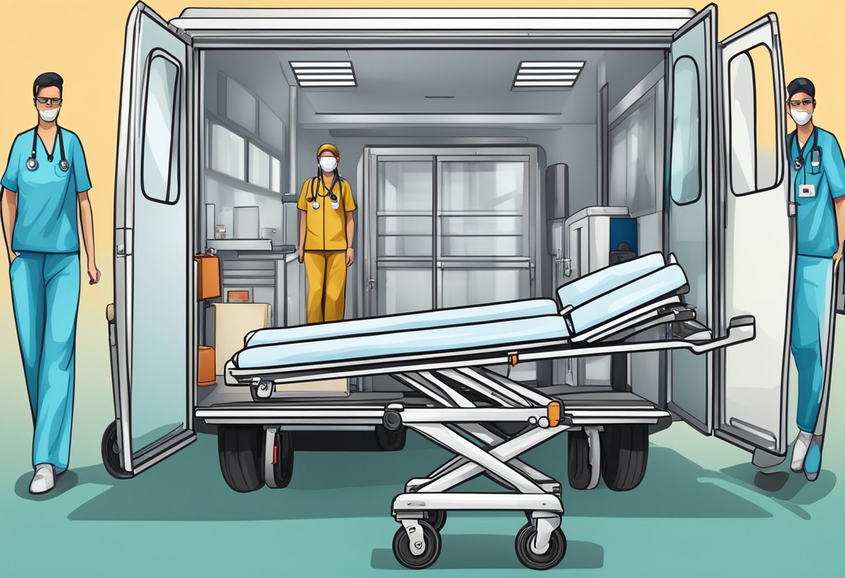 Uma maca hospitalar carregada com equipamentos e acessórios médicos, pronta para transporte intra-hospitalar.