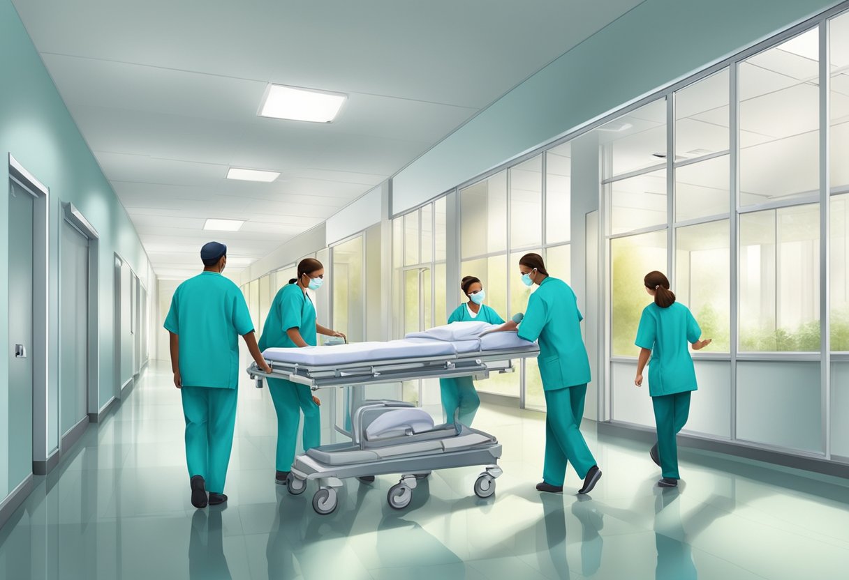 Uma equipe médica manobrando cuidadosamente equipamentos por um corredor de hospital, navegando ao redor de obstáculos e garantindo o transporte seguro de um paciente.