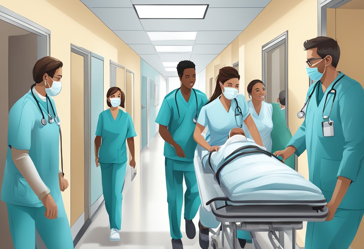 Uma equipe de profissionais de saúde transporta um paciente em uma maca por um corredor do hospital.