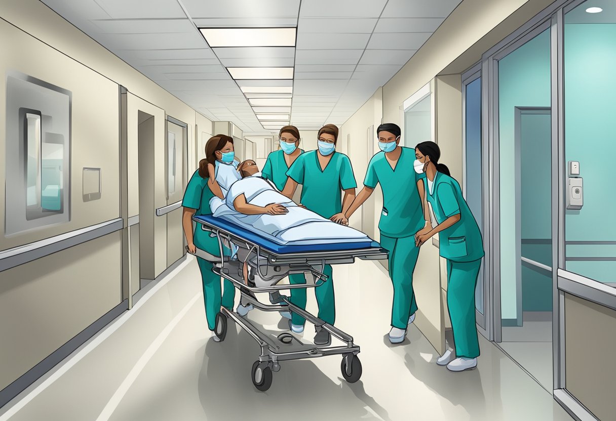 Uma equipe médica levando um paciente em uma maca por um corredor de hospital