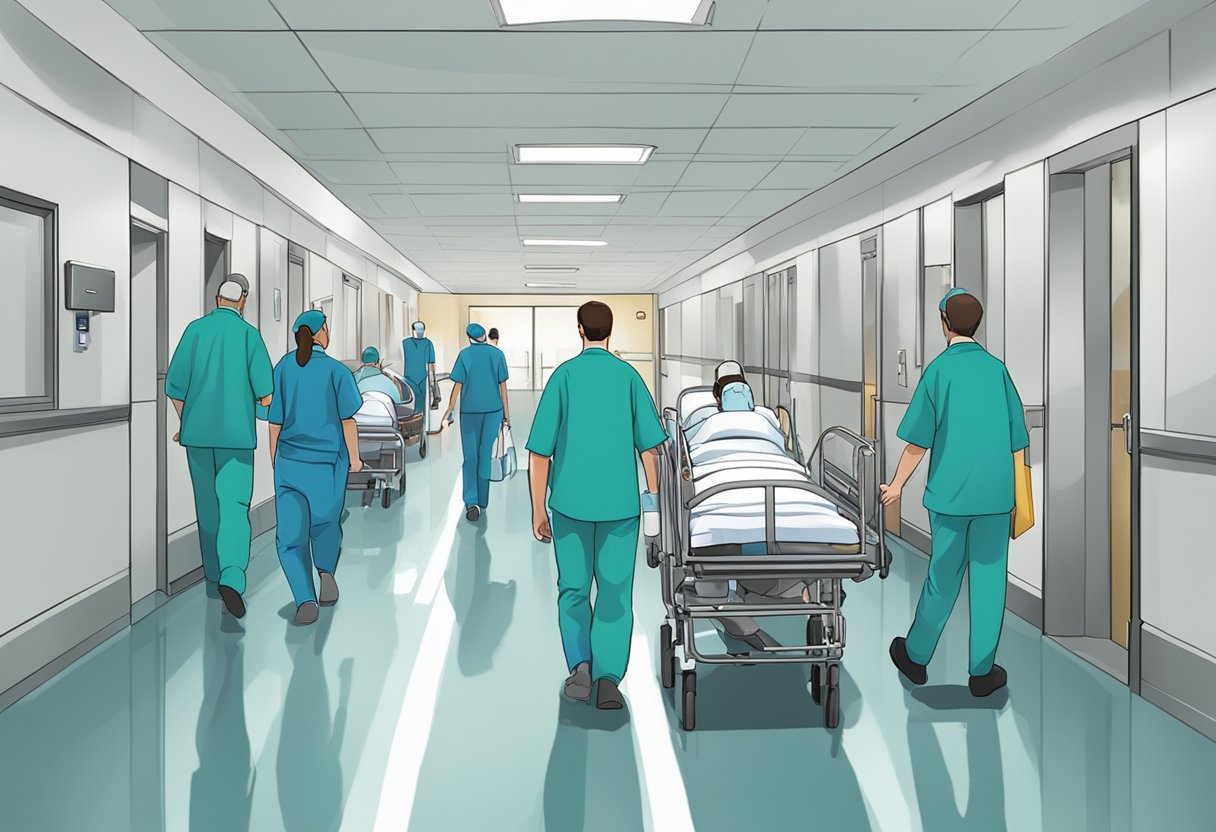 Um corredor de hospital com equipe médica movimentando equipamentos e pacientes em macas, seguindo protocolos de segurança.