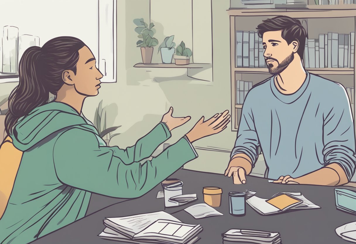 Uma pessoa estendendo a mão para ajudar um indivíduo em dificuldade com abuso de substâncias, oferecendo apoio e compreensão.