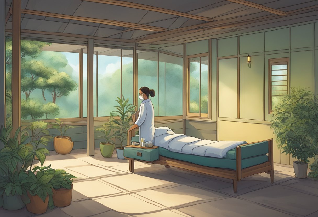 Um ambiente sereno com uma atmosfera tranquila, apresentando uma pessoa recebendo tratamento para dependência química.