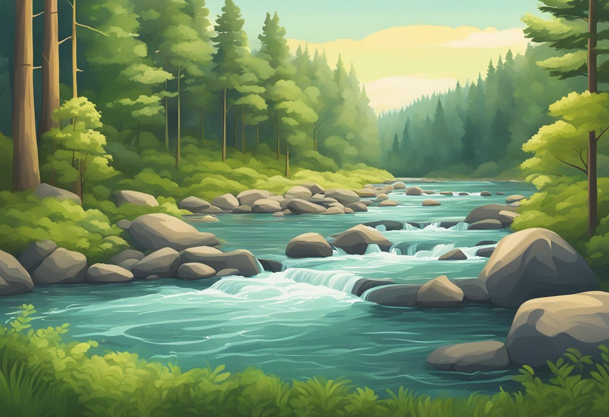 Uma paisagem serena com um rio calmo fluindo através de uma floresta exuberante, simbolizando o apoio contínuo a um dependente em recuperação após seu resgate.