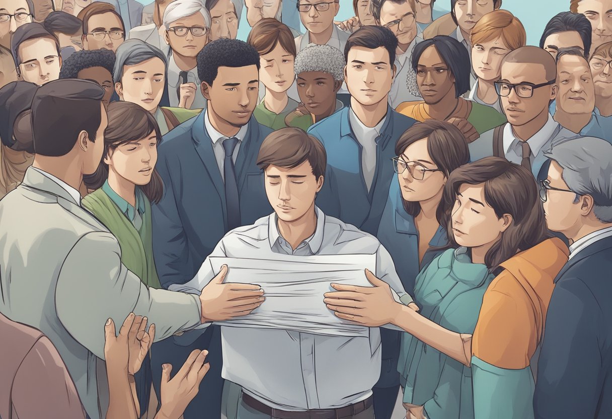 Um grupo de pessoas se reúne em torno de uma pessoa em apuros, oferecendo apoio e orientação. Sinais e símbolos de diretrizes legais e éticas são visíveis ao fundo.