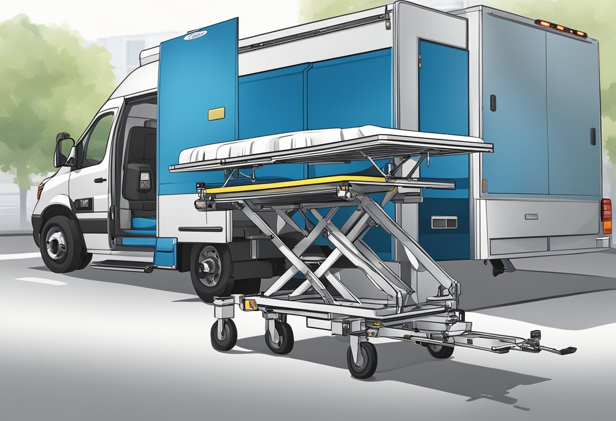 Um veículo de transporte médico especializado com um elevador hidráulico ajuda a carregar a cama de um paciente no veículo.