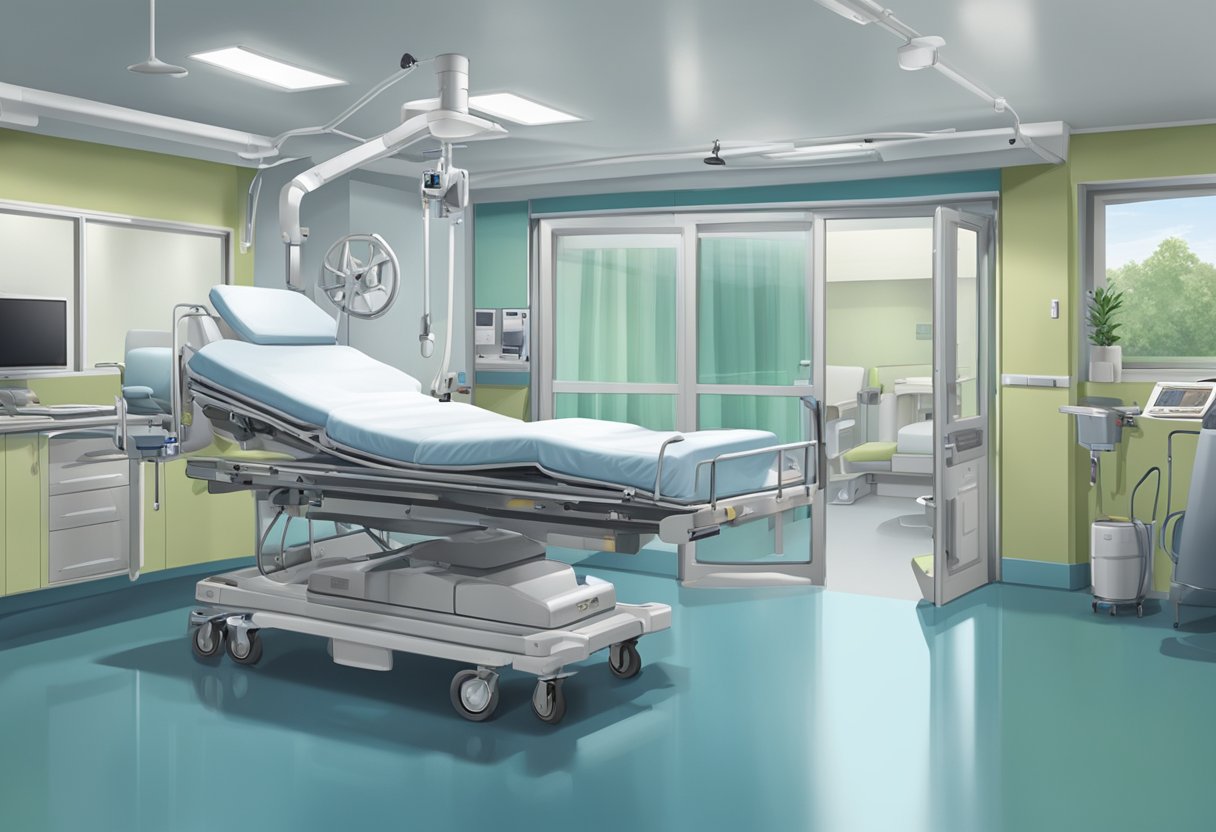 Um veículo especialmente projetado com um elevador hidráulico transporta com segurança uma figura reclinada em uma cama hospitalar.