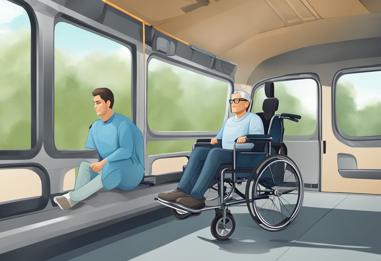 Uma pessoa em uma cadeira de rodas sendo confortavelmente transportada em um veículo com equipamento especializado para o movimento seguro e suave de pacientes acamados.