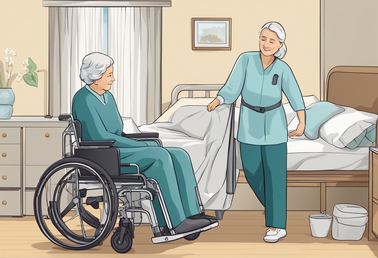 Um cuidador ajuda gentilmente um paciente acamado a se sentar em uma cadeira de transporte especializada para um movimento seguro e confortável.