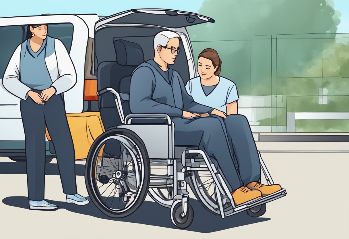 Um cuidador carinhosamente coloca uma cadeira de rodas em um veículo especializado, preparando-se para transportar um paciente acamado para consultas médicas.