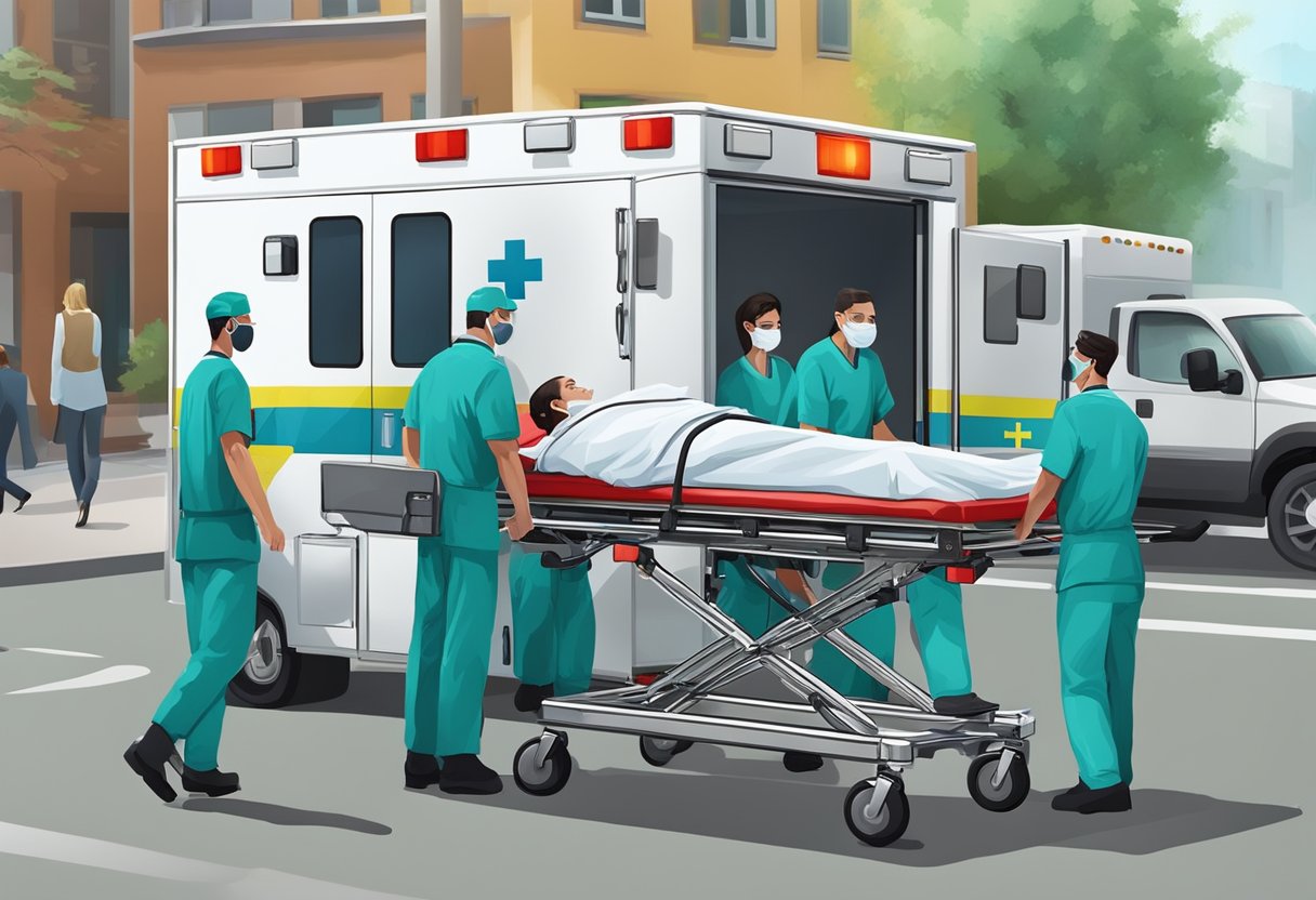 Uma equipe médica transporta uma pessoa em uma maca para dentro de uma ambulância