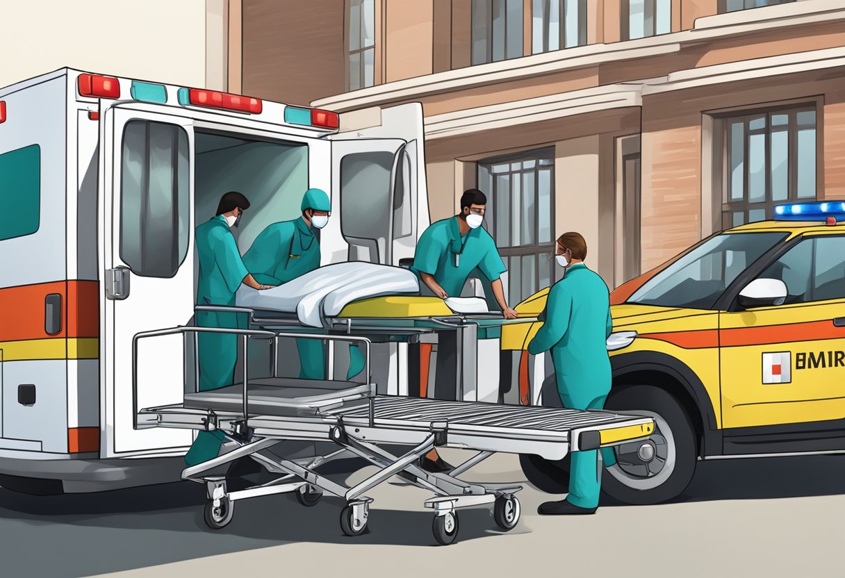 Uma cama de hospital sendo carregada em uma ambulância por pessoal médico