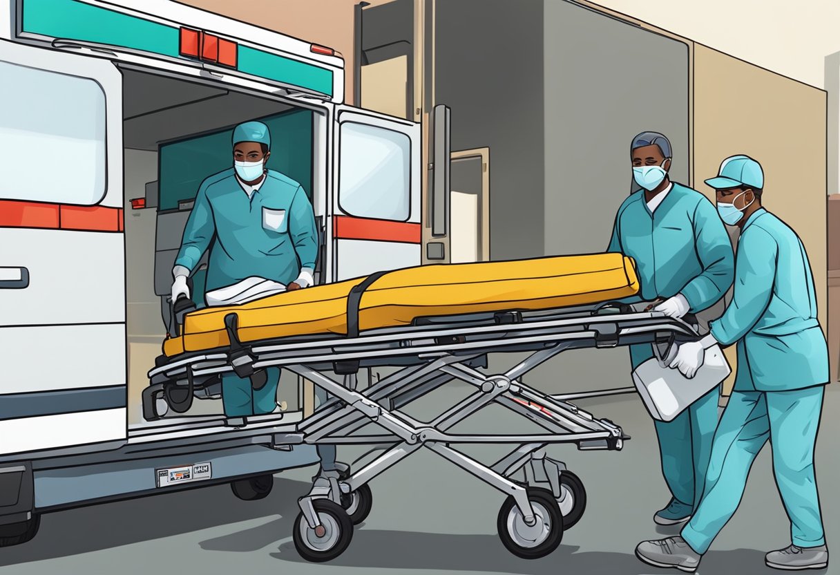 Uma equipe médica carregando um paciente em uma maca de ambulância