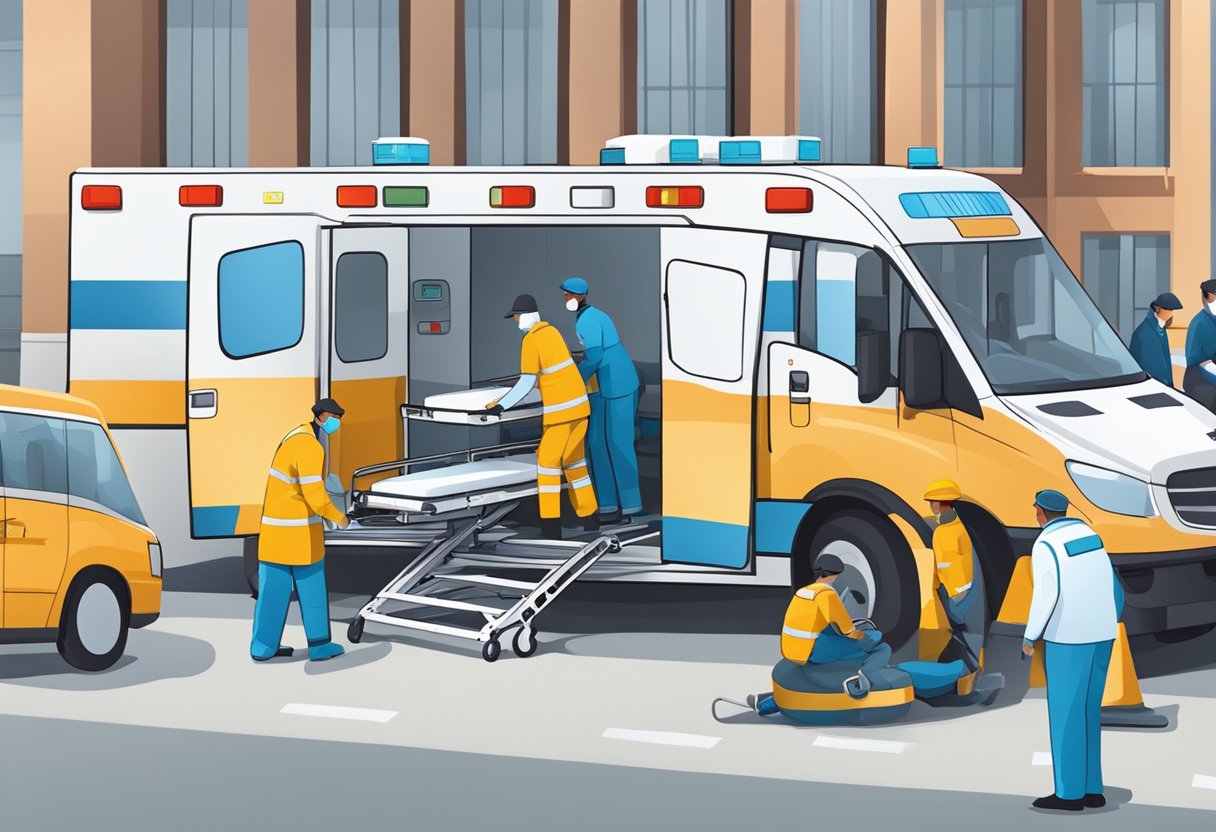 Uma cama de hospital sendo carregada em uma ambulância com equipamentos médicos e pessoal se preparando para o transporte