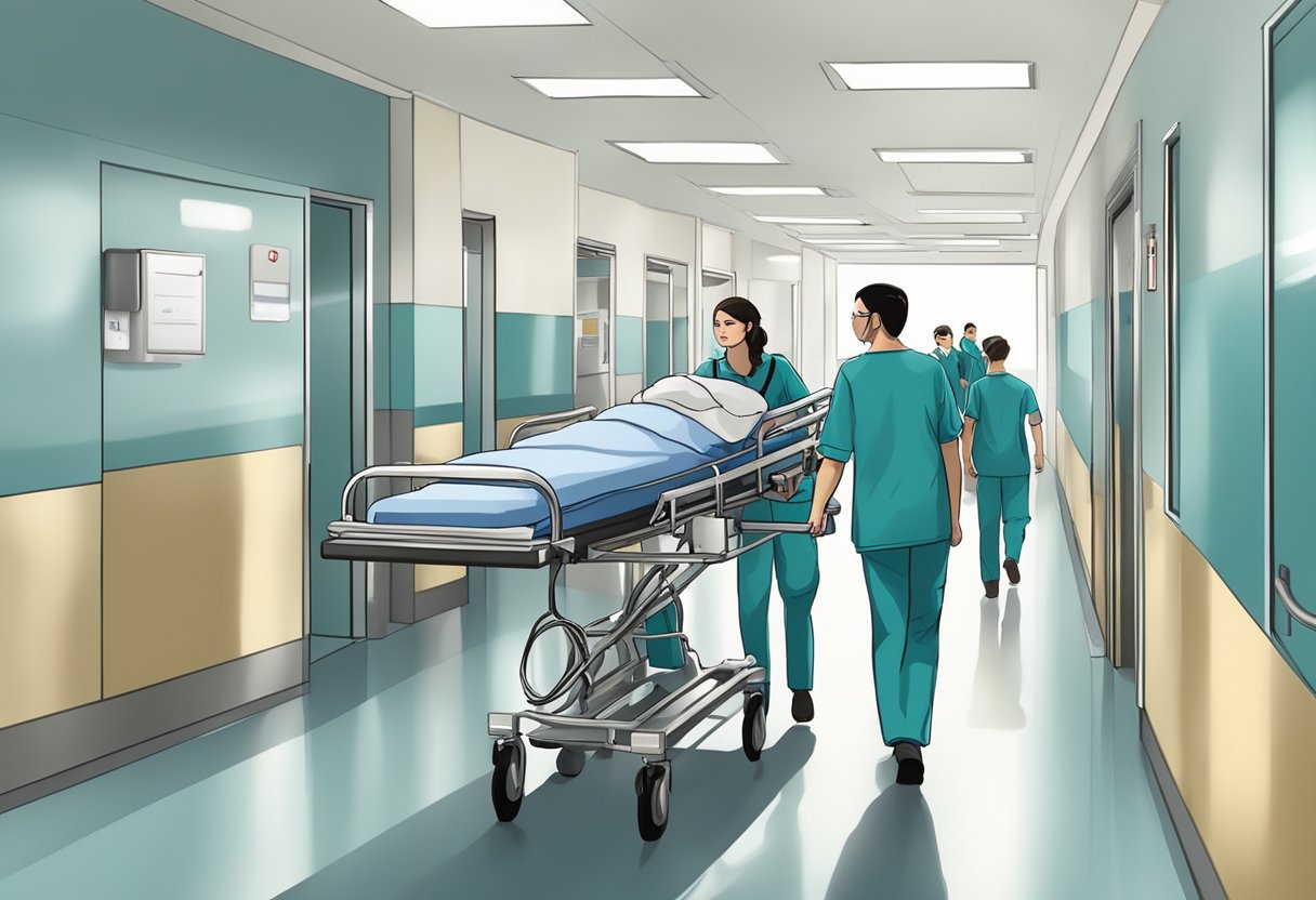 Uma equipe médica transporta um paciente em uma maca por um corredor do hospital, passando por funcionários ocupados e equipamentos.