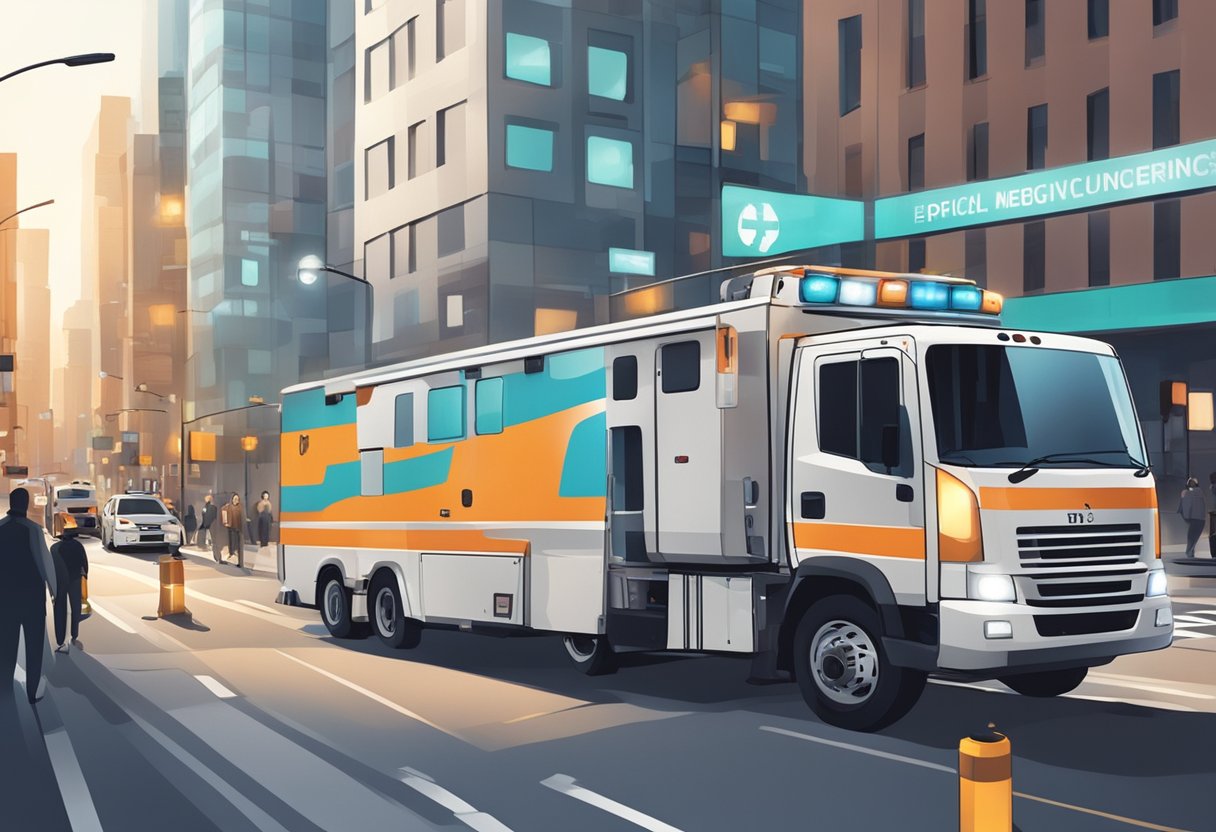 Um veículo de transporte médico navegando por uma rua movimentada da cidade, com luzes de emergência piscando e equipe médica segurando equipamentos dentro.