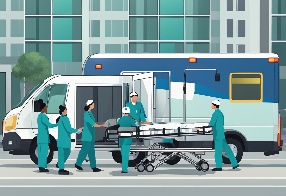 Um veículo de transporte médico estacionado do lado de fora de um hospital, com uma maca sendo carregada por trabalhadores da saúde.