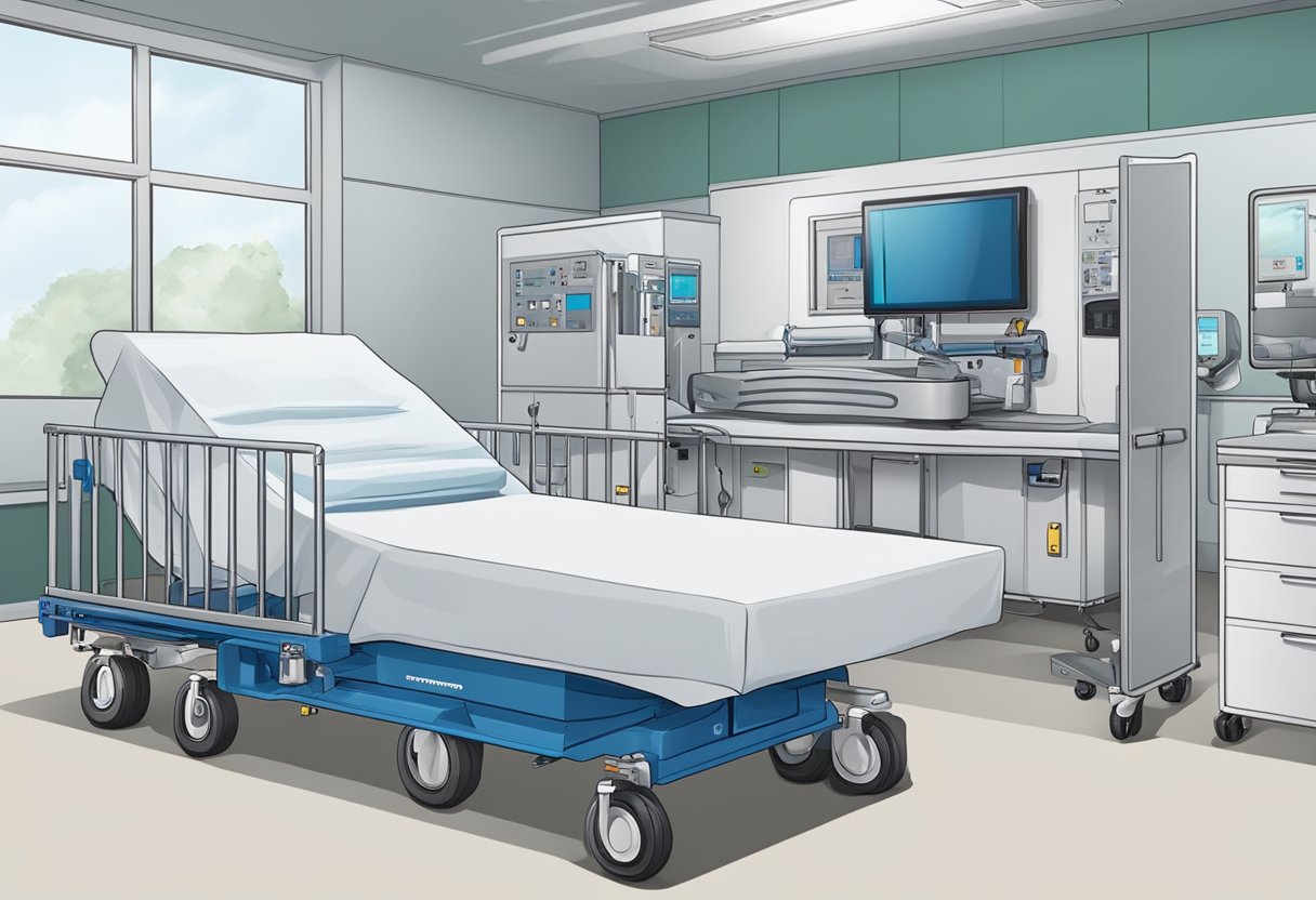 Uma cama hospitalar sendo carregada com segurança em um veículo de transporte especializado, enquanto equipamentos médicos estão sendo conectados para monitoramento contínuo.