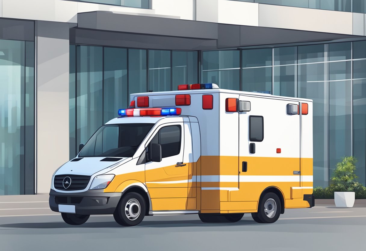 Uma ambulância particular estacionada do lado de fora de um prédio moderno, com equipamentos médicos sendo carregados no veículo por dois paramédicos.